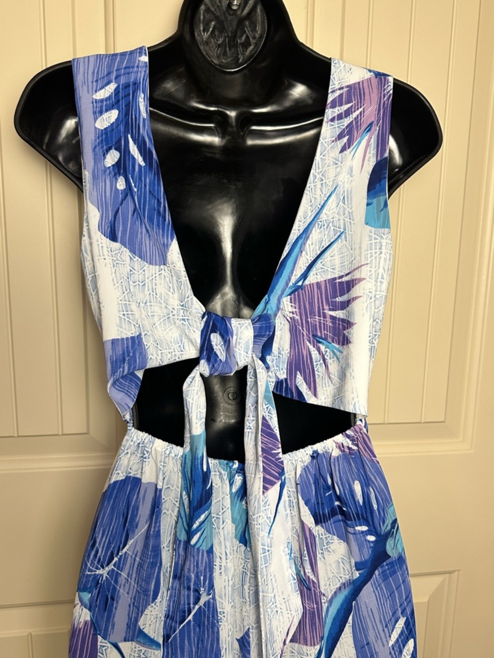 Japna Palm Floral Wide Leg Jumpsuit Vacation White Purple Blue Tie Back Small - Picture 6 of 10
